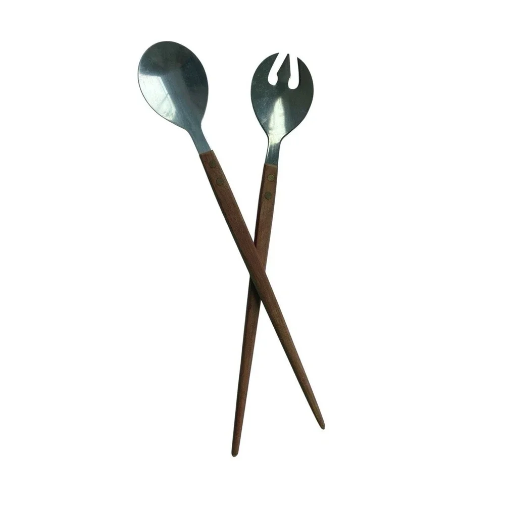 Vintage Arnart Stainless Salad Servers MCM Scandinavian Style Japan Wood Handles